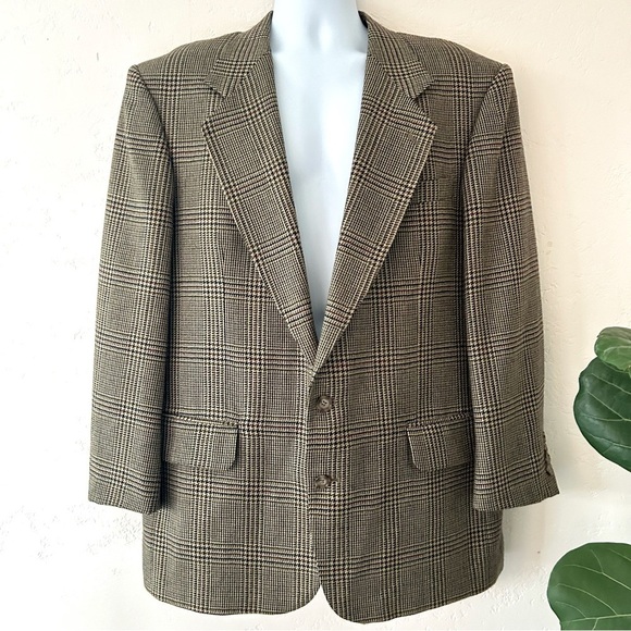OSCAR DE LA RENTA Wool and Silk Houndstooth Tan Two Button Blazer Sport Coat 43R - Picture 1 of 16